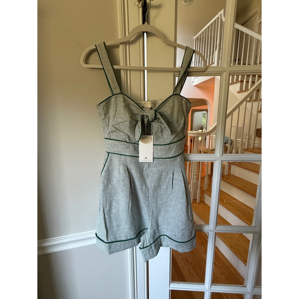 Caroline Constas Seersucker Striped Romper Green White Tie Front Smocked Small